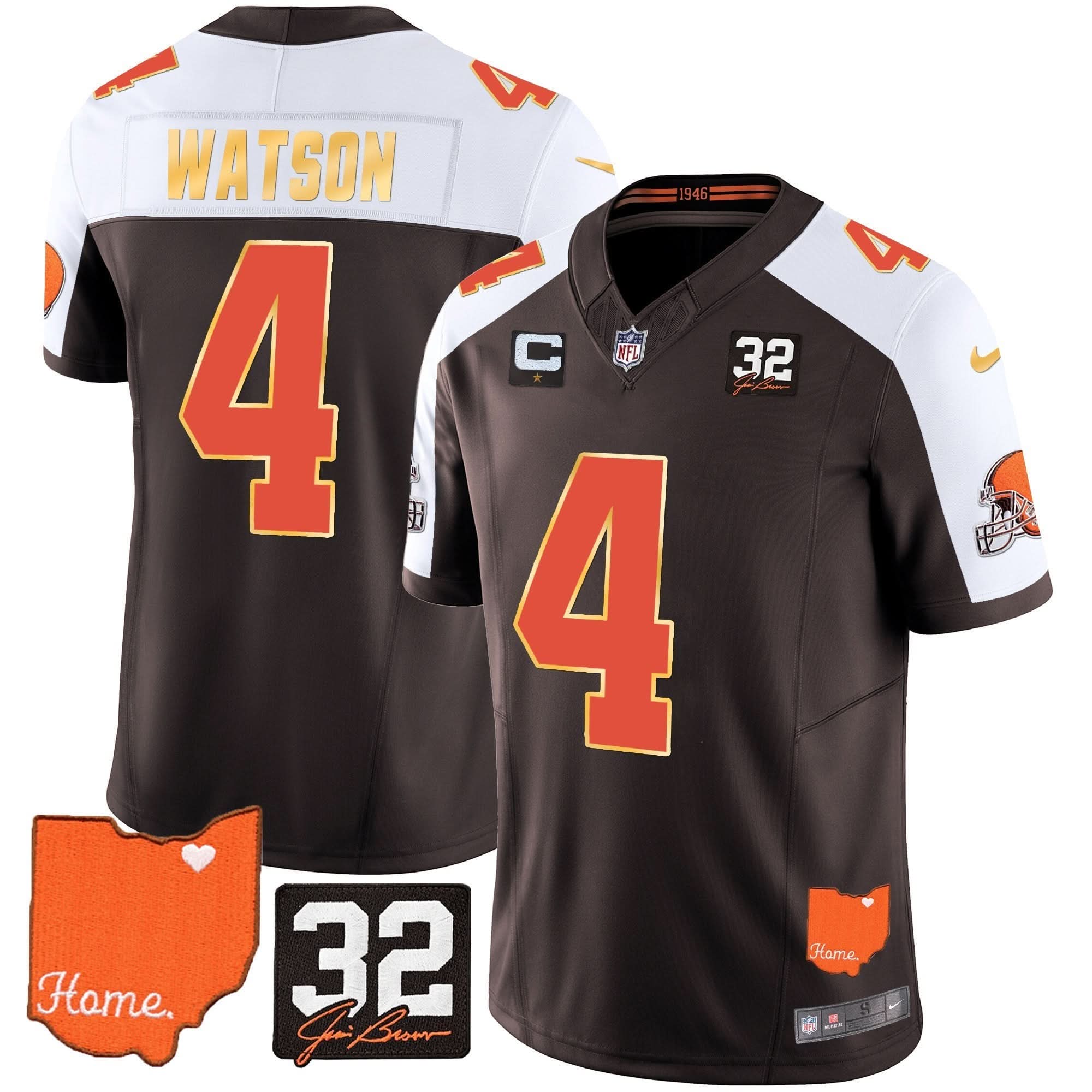 CLE #32 Jim Brown Memorial & Home Patch Gold Trim Jersey