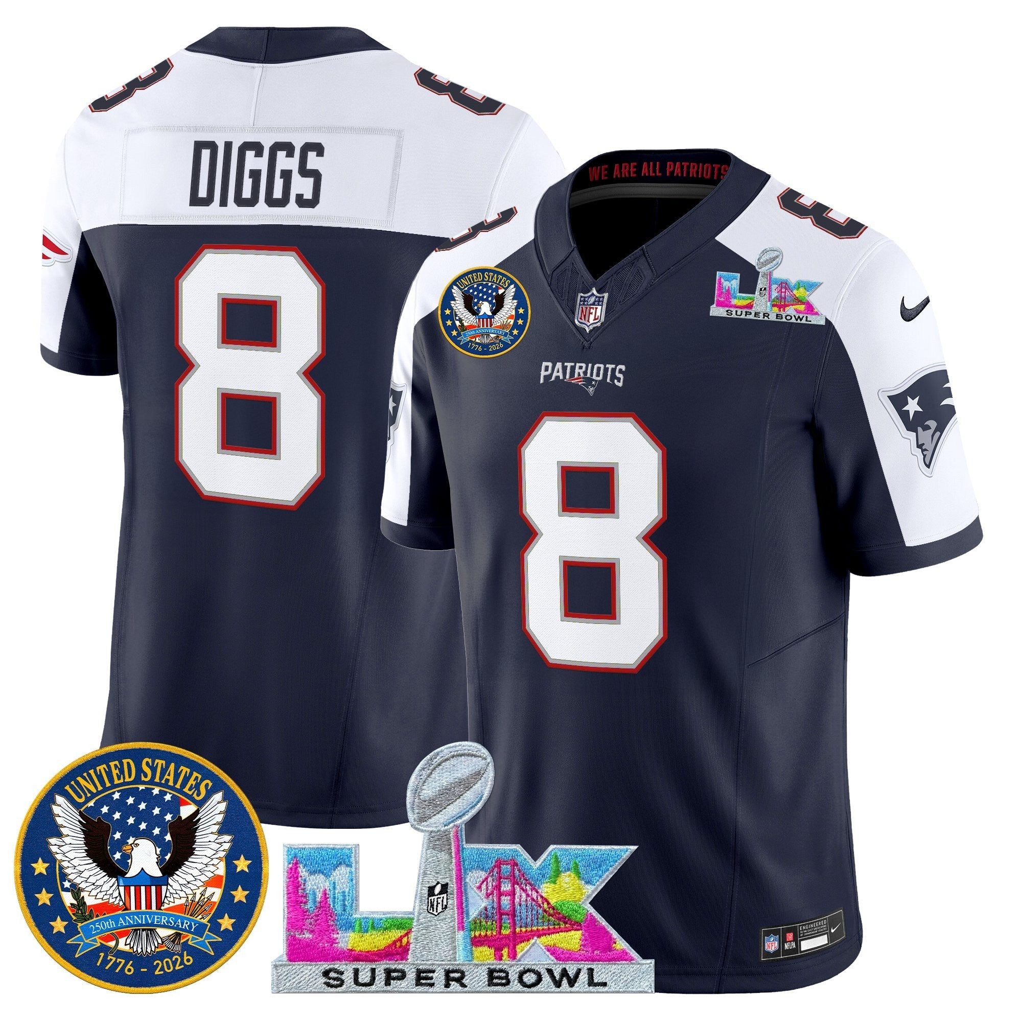 NE "Super Bowl LX & United States 250th Patch" Vapor Limited Jersey
