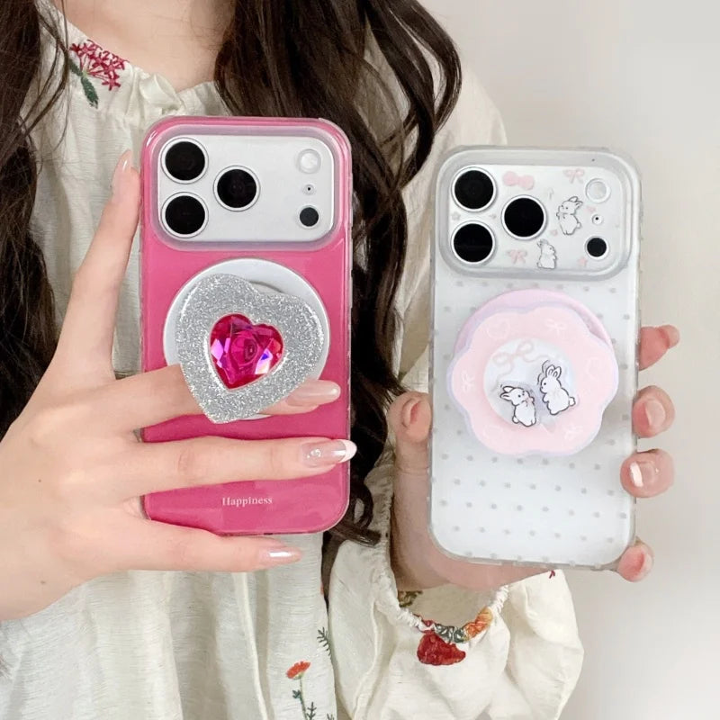 Simple Rose Red Magnetic Phone Case For iPhone 17 Pro 16 15 Pro Max Cover with Stand Fashion Polka Dots Cute Rabbit Cases For Ma