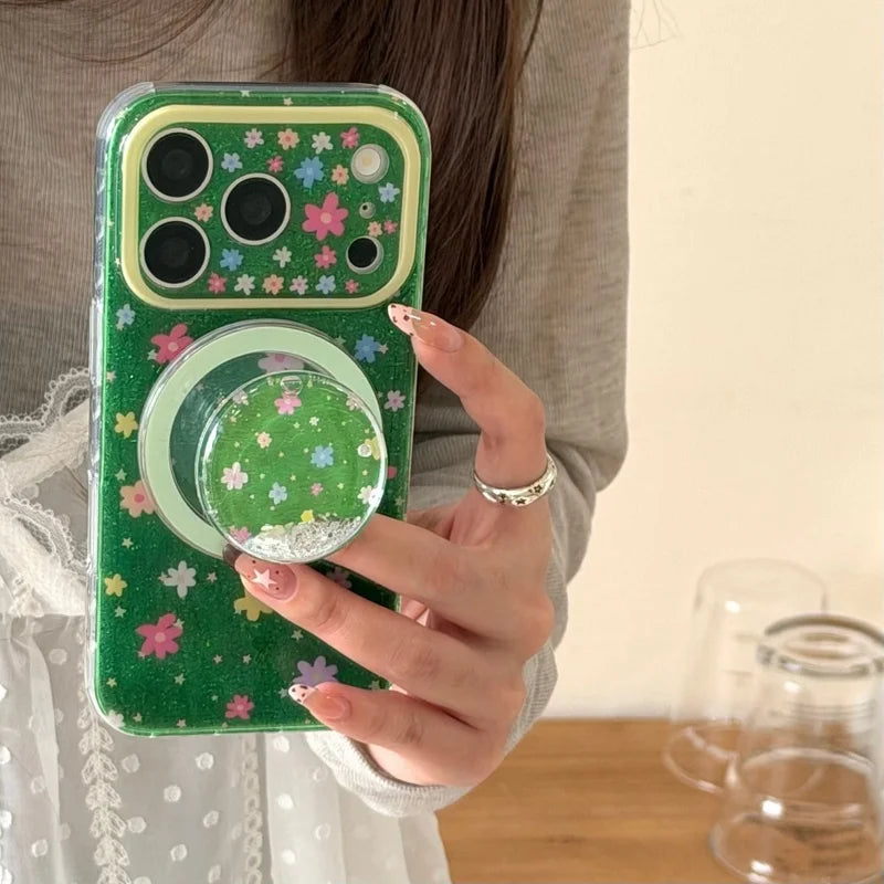 Fashion Glitter Cute Flower Magnetic Phone Case For Apple iPhone 17 Pro 16 15 14 Pro Max Cover with Quicksand Stand Lovely Cases
