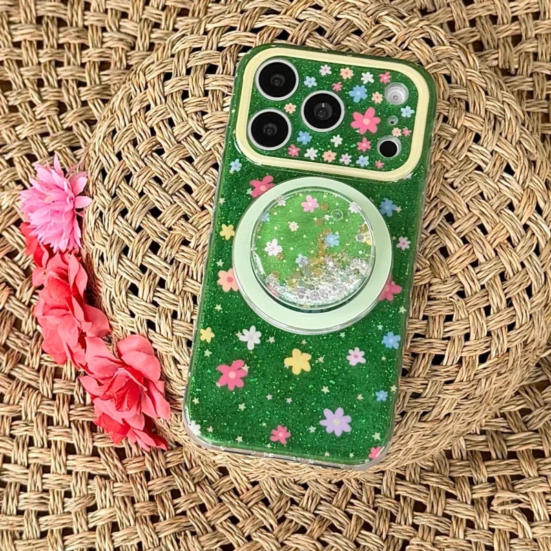 Fashion Glitter Cute Flower Magnetic Phone Case For Apple iPhone 17 Pro 16 15 14 Pro Max Cover with Quicksand Stand Lovely Cases