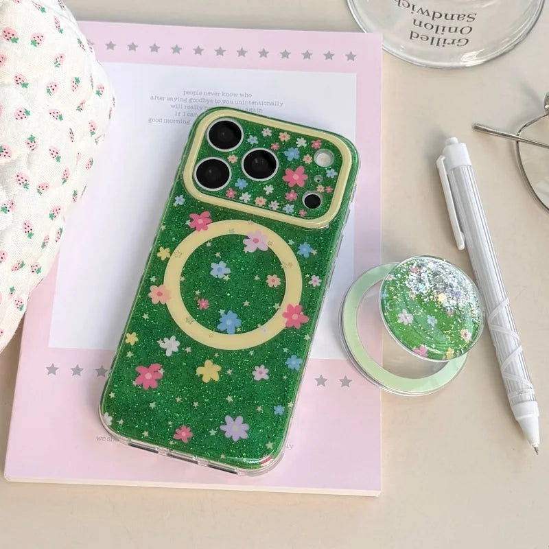 Fashion Glitter Cute Flower Magnetic Phone Case For Apple iPhone 17 Pro 16 15 14 Pro Max Cover with Quicksand Stand Lovely Cases