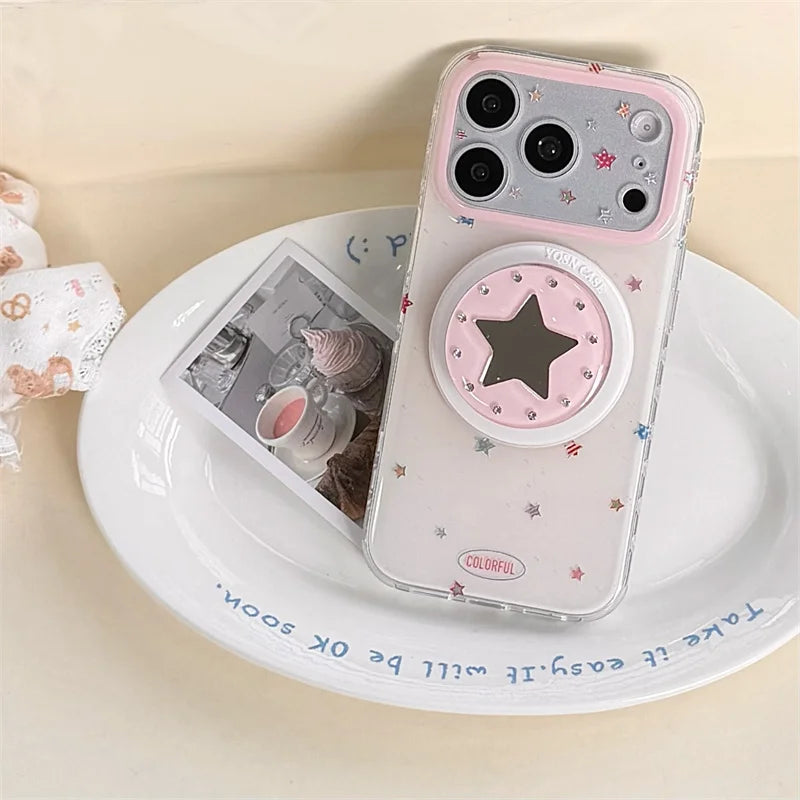 Kawaii Star Mirror Phone Case For iPhone 15 16 17 Pro Max Pink Frame Shockproof Protective Cover For MagSafe Girls iPhone 17 cas