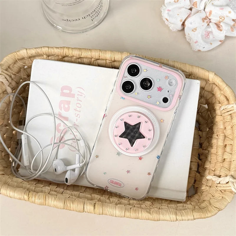 Kawaii Star Mirror Phone Case For iPhone 15 16 17 Pro Max Pink Frame Shockproof Protective Cover For MagSafe Girls iPhone 17 cas