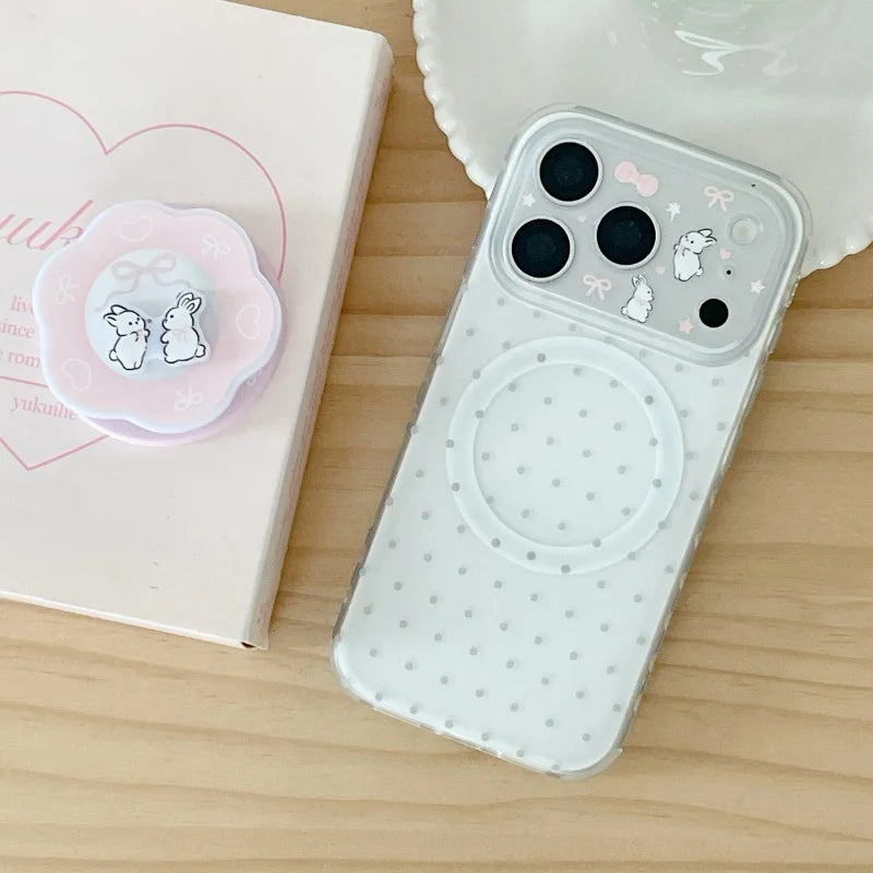 Simple Rose Red Magnetic Phone Case For iPhone 17 Pro 16 15 Pro Max Cover with Stand Fashion Polka Dots Cute Rabbit Cases For Ma