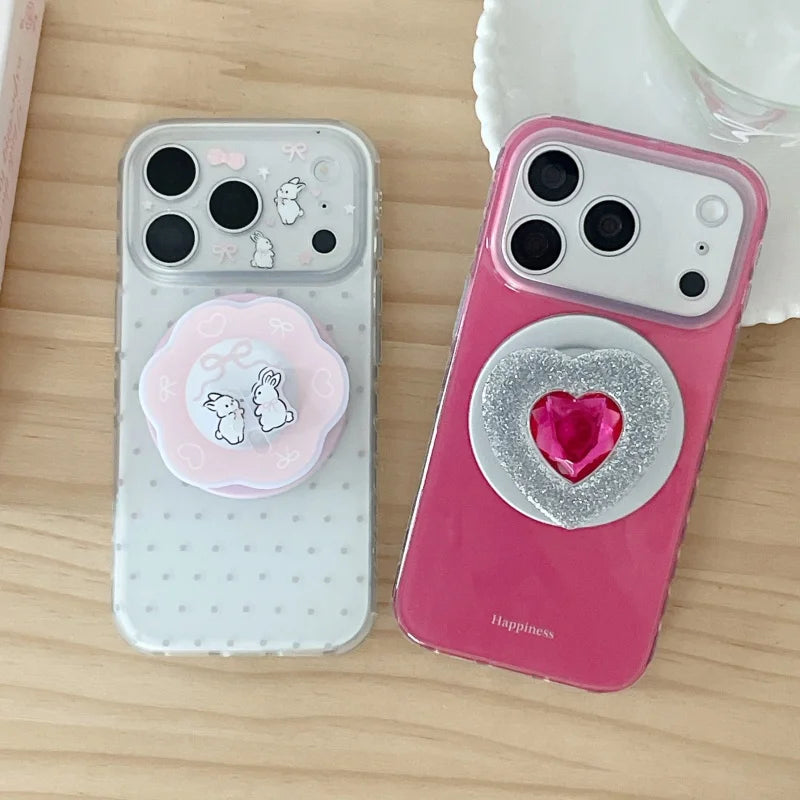 Simple Rose Red Magnetic Phone Case For iPhone 17 Pro 16 15 Pro Max Cover with Stand Fashion Polka Dots Cute Rabbit Cases For Ma