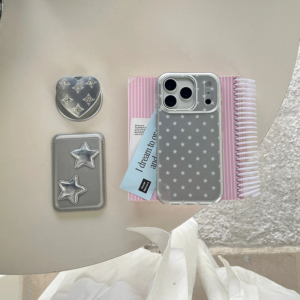 Fashion Silver Stars Mirror Heart With Card Case Holder Magnetic Shock Proof Phone Cover Case for iPhone 17 16 15 14 Pro Max